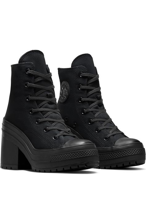 Converse Chuck 70 De Luxe Heel Platform Sneaker (Women) | Nordstrom Converse Heel Boots, Chuck 70 De Luxe Heel, Heeled Converse, High Heel Converse, All Black Converse Outfit, Converse Chunky, Converse High Heels, Chucks Shoes, Converse Heels