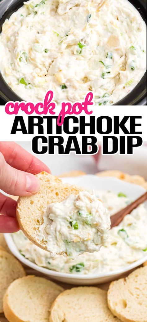 Crock Pot Artichoke Crab Dip combines artichoke hearts, crab, cream cheese, and parmesan for a deliciously creamy dip everyone will love! #RealHousemoms #crab #artichoke #dip #slowcooker #crockpot #appetizer #gameday #newyearseve Appetizers In Crockpot, Hot Dips For Parties, Artichoke Crab Dip, Crockpot Crab Dip, Crab Artichoke Dip, Crock Pot Appetizers, Slow Cooker Dips, Crab And Artichoke Dip, Crock Pot Dips