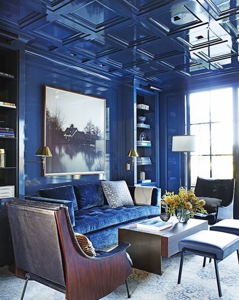 HBX040120_008 Relaxing Paint Colors, Calming Paint Colors, Victoria Hagan, Lacquered Walls, Blue Rooms, Painted Ceiling, A Living Room, تصميم داخلي, Decor Diy