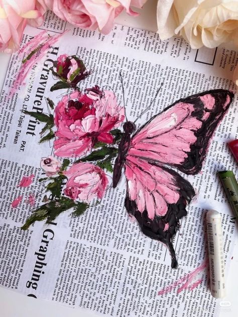 Diy Art Ideas, Aesthetics Pink, Wall Drawings, Butterfly Art Painting, Fotografi Vintage, Oil Pastel Art, Canvas Painting Designs, Butterfly Drawing, Art Painting Gallery