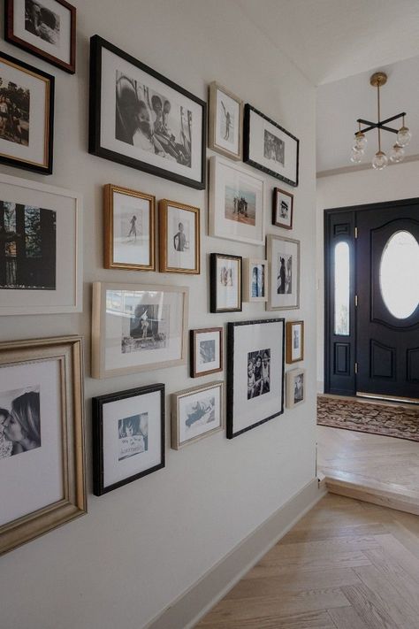 Beautiful Gallery Wall Inspiration & Why you Should Create One for your Home Photo Gallery Wall Different Frames, Gallery Wall Transitional, Living Room Framed Pictures, Picture Frame In Living Room, Office Frames Wall Interior Design, Wood Frame Collage Wall, Huge Photo Wall, Photo Wall Collage Shelf, Family Photos And Art Gallery Wall