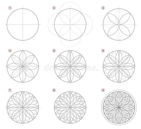 Creation step by step pencil drawing. Page shows how learn to draw Gothic stained glass window with rose. Print for artists school textbook. Developing skills stock illustration How To Draw Sacred Geometry, Catholic Church Stained Glass, Geometric Patterns Drawing, Sacred Geometry Patterns, Symbol Drawing, Window Drawing, Mandala Art Therapy, Geometric Pattern Art, Graph Paper Art