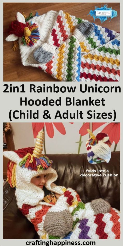 2in1 Rainbow Unicorn Hooded Blanket For Adults & Kids Crochet Pattern by Crafting Happiness   A cuddly, warm hooded blanket your child or yourself can snuggle in & then it folds into an unicorn cushion #kidsblankets #crochetblanket  #hoodedblanketcrochet #animalcrochetblanket #unicorn #foradults #forchildren #rainbowcrochet #hoodieblanket #crochetrainbow #crochetunicorn #unicornblanket #easycrochetblanket #wearableblanket #unicornpattern Unicorn Hooded Blanket, Crochet Unicorn Blanket, Unicorn Cushion, Unicorn Blanket, Kids Crochet Pattern, Easy Crochet Blanket, Kids Crafting, Kids Crochet, Crochet Unicorn