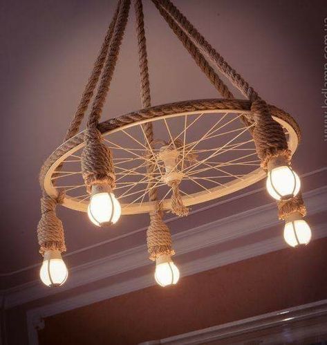 Kattokruunu Diy, Rope Lamp, Kitchen Design Layout, Bicycle Decor, Lights Hanging, Chandelier Art, Wheel Decor, Outdoor Kitchen Design Layout, Bicycle Wheel