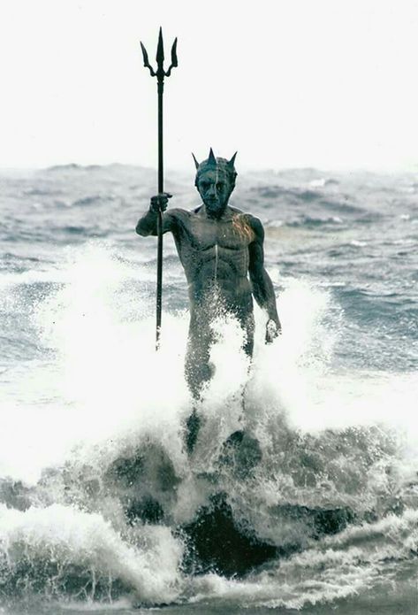 Statue of Neptune  (Poseidon) the Greek God of Sea @ Melenara Beach, Gran Canaria. Neptune Statue, Poseidon Statue, Greek Statues, Greek Gods And Goddesses, Mythology Art, Canary Islands, In The Ocean, Land Art, Greek Gods