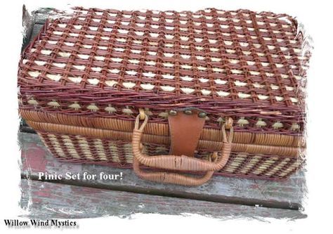 Picnic Setting for Four by WillowWindMystics on Etsy, $40.00 Picnic Supplies, Picnic Hamper, Hamper Basket, Picnic Set, Woven Rattan, Vintage Wicker, Outdoor Heating, Plastic Plates, Elizabeth Arden