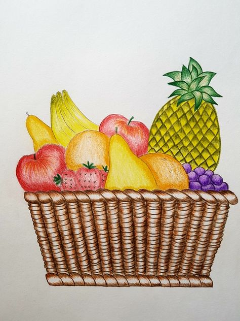 Fruits basket Fruit Basket Drawing, Drawing Fruit, Oil Pastel Drawings Easy, Basket Drawing, Drawing Classes, Oil Pastel Drawings, Fruits Basket, Pastel Drawing, Fruit Basket