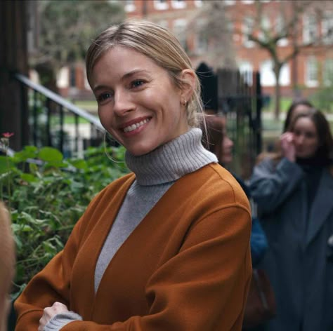 How To Style A Turtleneck, Anatomy Of A Scandal, Sienna Miller Style, Rupert Friend, Orange Coat, Sienna Miller, Wardrobe Stylist, Shades Of Beige, Quiet Luxury