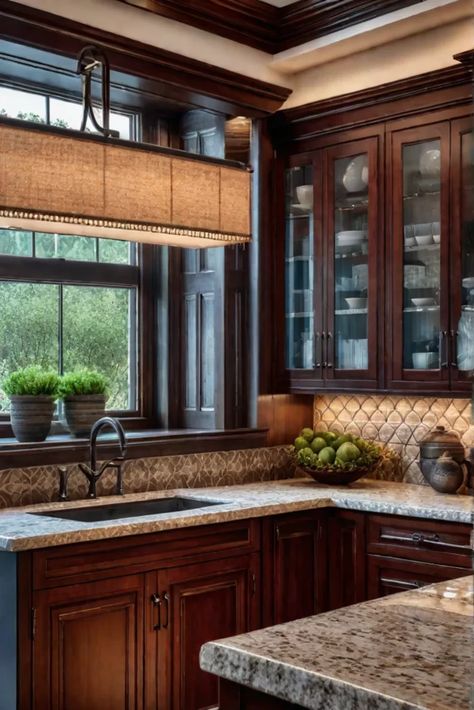 Classic cherry wood kitchen with beige granite and decorative tile Cherry Wood Kitchen, Brown Kitchen Ideas, Beige Granite, Craftsman Interior Design, Cherry Wood Kitchen Cabinets, Dark Brown Kitchen, Cherry Wood Kitchens, Natural Stone Backsplash, Traditional Kitchen Cabinets