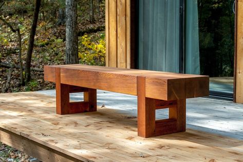 Wood Bench Outdoor Bench Rustic Bench Coffee Table - Etsy Japanese Bench Design, Japanese Garden Bench, Japanese Wood Furniture, Exterior Table, Museum Bench, Modern Bench Design, Japanese Bench, Kursi Outdoor, Beam Bench