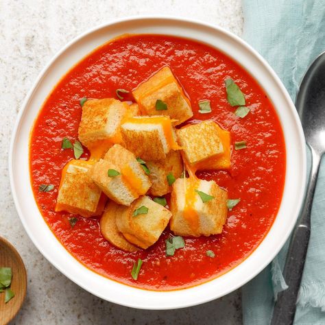 After craving tomato soup, I decided to make my own. My sister Joan likes it chunky-style, so she doesn't puree. Serve it with a grilled cheese sandwich. —Marian Brown, Mississauga, Ontario Best Tomato Soup, Healthy Soups, Fall Soup Recipes, Tomato Soup Recipes, Fall Soups, Winter Soups, Fun Recipes, Crock Pot Soup, Easy Soups