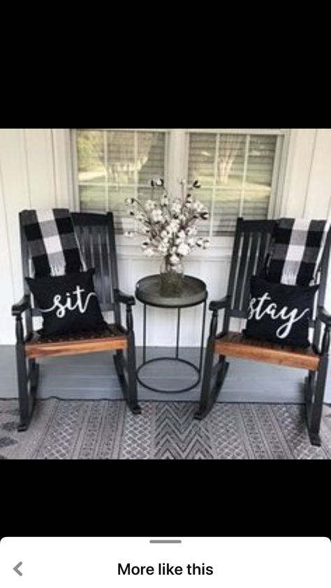 Ikea Front Porch Ideas, Front Porch Decor Gray House, Porch Wall Decor Outdoor, Cute Small Front Porch Ideas, Front Porch Set Up, Black And White Farmhouse Porch, Black Front Porch Decor, Small Front Porch Patio Ideas, Small Side Porch Decorating Ideas