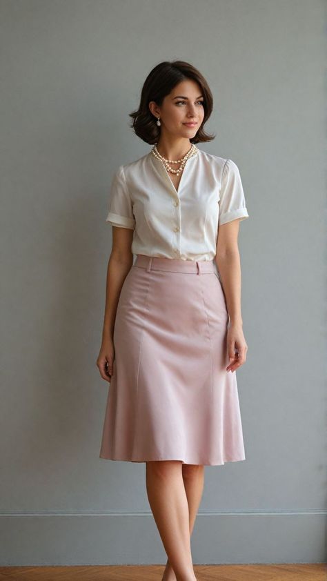 Skirt For Work The Office, Office Job Outfits Skirts, Women Office Outfits Skirt, Office Look Skirt, Work Skirts For Women, Feminine Outfits With Pants, A Line Skirt And Blouse, Vintage Office Outfit, Work Outfit Skirt