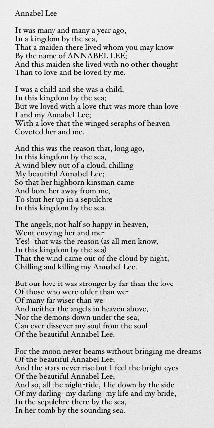 Annabel Lee - Edgar Allan Poe Anabelle Lee Poem, Annabell Lee Edgar Allan Poe, Annabel Lee Tattoo, Annabel Lee Aesthetic, Edgar Allen Poe Annabel Lee, Poe Love Quotes, Annabel Lee Poem, Old Poems, Edgar Allen Poe Poems