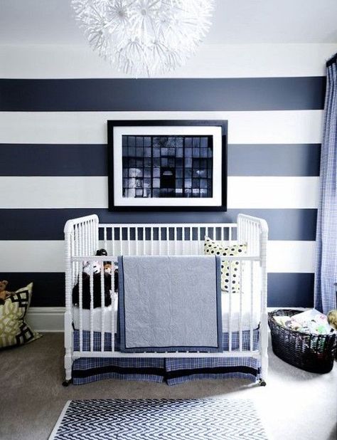 Navy and white horizontal striped nursery. Wallpaper ideas #nurseryideas #wallpaper Striped Nursery, Best White Paint, Striped Walls, Nursery Modern, Dream Nurseries, Baby Room Design, Colour Inspiration, Big Boy Room, Baby Bedroom