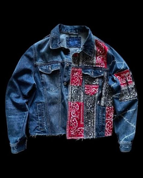 CustoMxlvno on Instagram: "blue denim jacket with bandana and wire pattern price: 250 pln + delivery cost DM to order size chart in the last picture" Bandana Denim Jacket, Sewing Denim Jacket, Reworked Jean Jacket, Jacket Upcycle Diy, Denim Jacket Upcycle Ideas, Denim Jacket Design Ideas, Upcycle Denim Jacket, Denim Jacket Upcycle, Denim Jacket Diy