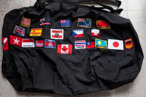 My backpack bag with my collection of country flags for each one I've visited  #ttot #travel #souvenir #patch #collection What To Collect When Traveling, Travel Patches Backpack, Backpack With Patches, Bag With Patches, Things To Collect, Patch Bag, Patch Collection, Travel Patches, Backpack Patches