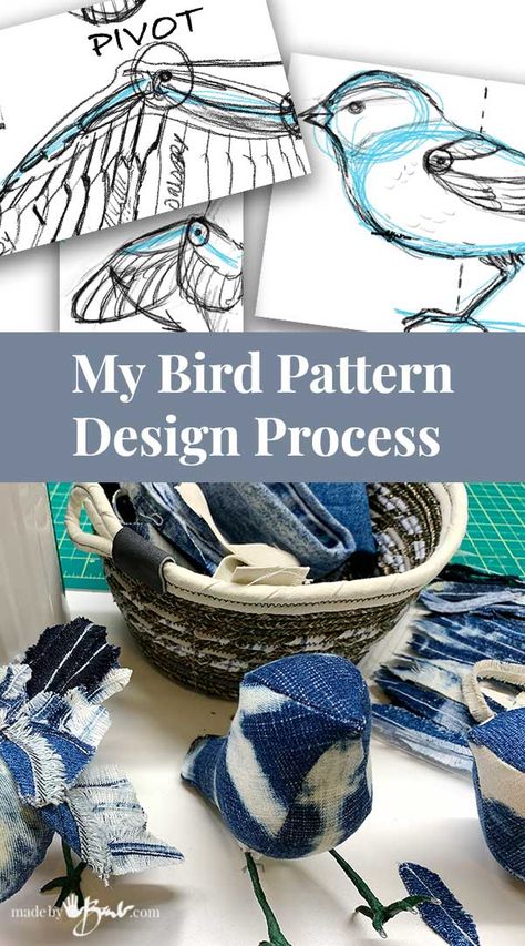 My Bird Pattern Design Process - Made By Barb - make unique fabric birds Fabric Birds Pattern Scrap, Fabric Birds Diy Sewing Patterns, Felt Birds Pattern, Fabric Bird Pattern, Textile Insects, Bird Sewing Pattern, Diy Fabric Bird, Textile Birds, Owl Sewing Patterns