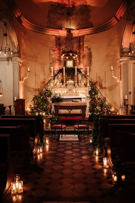 Wedding Candles On Floor, Small Chapel Wedding Aesthetic, Candlelit Chapel Wedding, Small Italian Chapel Wedding, Candle Lit Alter, Wedding Venue Ideas Church, Candle Lit Ceremony Aisle, Candle Decor Wedding Ceremony, Candle Lit Wedding Ceremony Outdoor