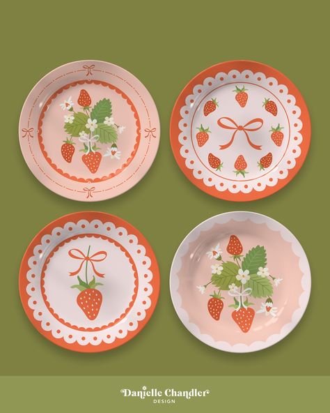 Strawberry party 🍓 Some plate designs I’ve been dreaming up for sweet summer picnics and charming garden parties! I absolutely love entertaining and throwing fun themed gatherings, so it would be an absolute dream to have a collection of tableware in the future. ♥️ Which plate is your favorite? Strawberry Painted Pottery, Strawberry Plate Design, Strawberry Bowl Ceramic, Hand Painted Strawberry Bowl, Strawberry Themed Dinnerware Set, Color Me Mine, Strawberry Party, Charming Garden, Plate Design