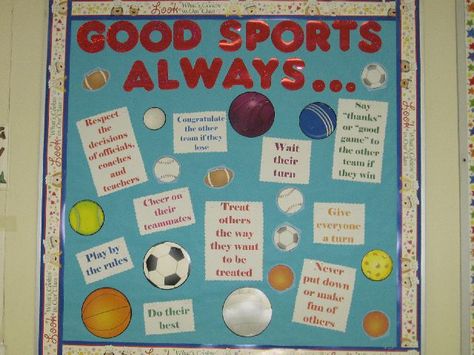 pictures of sports themed classrooms | Submitted by Lindsay Kidder who teaches at Sauquoit Elementary ... Sports Bulletin Boards, Physical Education Bulletin Boards, Pe Bulletin Boards, School Sports Theme, Sports Theme Classroom, Elementary Physical Education, Physical Education Lessons, Sports Classroom, Pe Ideas