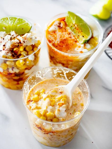 Elote En Vaso (Mexican corn in a cup) Elote Cup Recipe, How To Make Elote In A Cup, Elote Cups For Party, Elotes In A Cup, Mexican Street Corn In A Cup, Elote Recipe In A Cup, Elote Cups, Mexican Elote In A Cup, Elote In A Cup Recipe