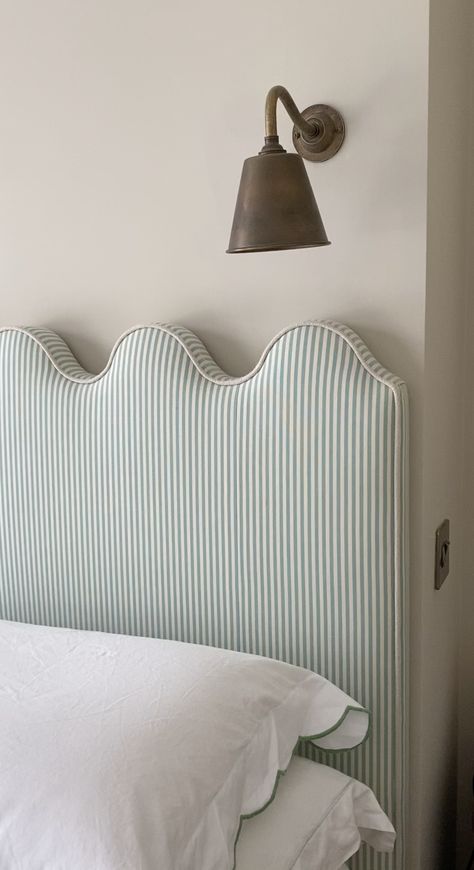 SHOP — BY LYDIA Guest Bedroom Headboard, Scalloped Headboard Bedroom, Avant Basic Bedroom, Ticking Headboard, Modern Cottage Bedroom Ideas, Bedheads Upholstered, Scallop Headboard, Curvy Headboard, Cute Headboard