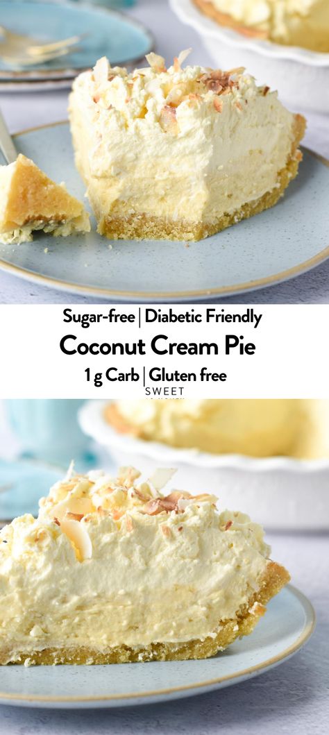 This Keto Coconut Cream Pie is an easy keto dessert recipe if you love coconut! A buttery flaky crust filled with coconut custard and topped with whipped cream and toasted coconut for a comforting dessert any time of the year. Ketovore Desserts, Keto Coconut Custard, Carnivore Sweets, Sugar Free Coconut Cream Pie, Keto Coconut Cream Pie, Coconut Flour Desserts, Keto Pies, Sweet Pie Crust, Lupin Flour