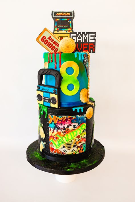 Arcade Party Cake, Arcade Game Cake, Arcade Theme Cake, Arcade Birthday Cake, Arcade Birthday Party Ideas, Arcade Themed Birthday Party, Arcade Cake, Retro Arcade Party, Game On Party