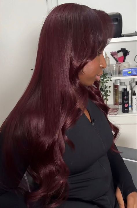 Redish Burgundy Hair Color, Burgendy Wigs For Black Women, Dark Cherry Hair Black Women, Hair Dye Ideas Dark Skin, Wine Red Hair Color For Black Women, Cherry Red Hair Black Women, Plum Hair Color On Black Women, Red Hair On Dark Skin Women, Dark Red Hair Black Women