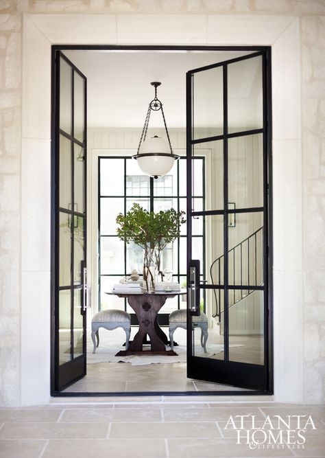 black iron doors Centsational Style, Steel Doors And Windows, Iron Stair Railing, Double Entry Doors, Black Windows, Atlanta Homes, Glass Front Door, French Doors Interior, Window Installation