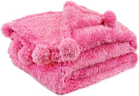 Pom Pom Throw Blanket, Warm Blankets Cozy, Blankets For Couch, Pom Pom Throw, Pom Pom Blanket, Pink Sherpa, Decorative Throws Blanket, Pink Throws, Faux Fur Blanket