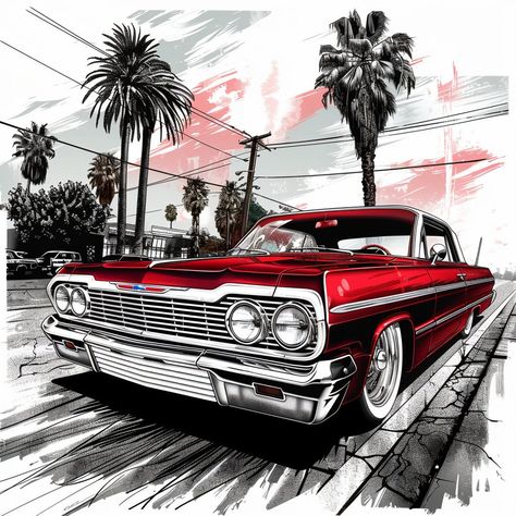 Lowriders Art, Low Riders Drawings, Low Rider Illustration, Low Riders Cars, Low Rider Art Drawing, Lowrider Graphics, Lowrider Art Gangsters, Lowrider Murals, Low Rider Murals