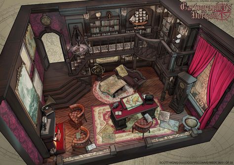 Fantasy Office Room Concept Art, Explorer Room Decor, Dungeon Interior Concept Art, Steampunk Room Concept Art, Alchemist Room Concept Art, Dnd Room Art, Types Of Rooms In A House List, Victorian Room Design, Room Reference Drawing