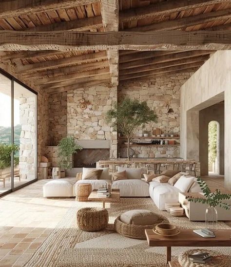 Wabi Sabi Home Interior Design, Stone Wall Interior, Wabi Sabi Home, Wabi Sabi Living Room, Tuscan Interior, Wabi Sabi Interior, Tuscan House, Rustic Farmhouse Kitchen, Italian Home