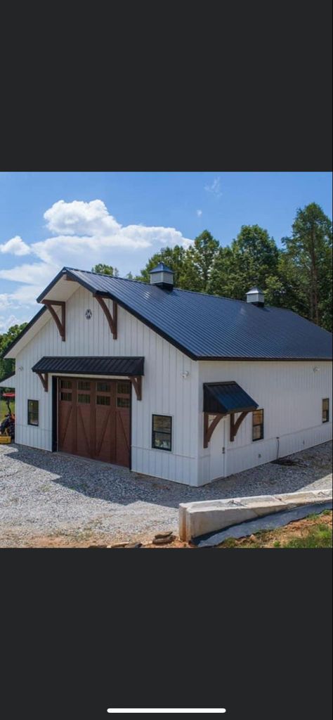 Black And White Morton Building, White And Black Metal Building, Black And White Metal Building, Pole Barn Exterior Ideas, Black And White Pole Barn, Pole Barn Colors Scheme, Barn Colors Scheme Exterior, White Pole Barn, Black Pole Barns