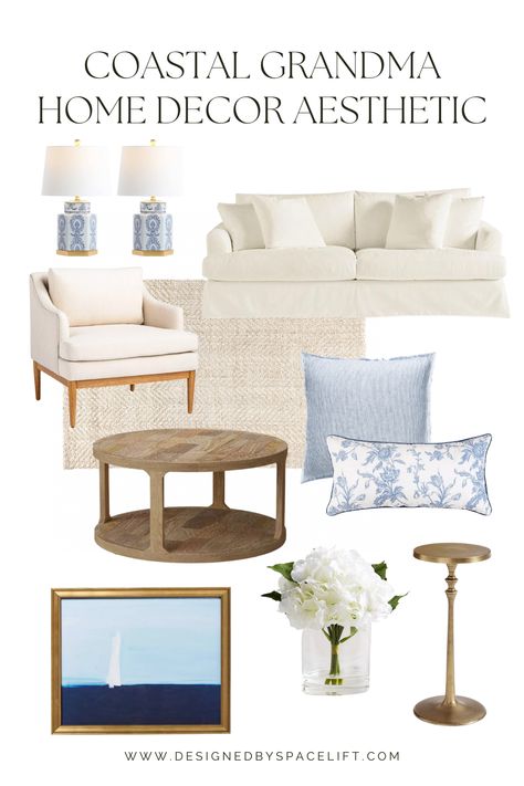 What is Coastal Grandmother Style (& Why We’re Loving It) — SpaceLift Hamptons Beach House Decor Coastal Style, Coastal Grandma Living Room Ideas, Coastal Grandma Home, Coastal Grandmother Home, Kirklands Home Decor, Grandma Home, Coastal Grandma Aesthetic, Coastal Farmhouse Living Room, Grandmother Style