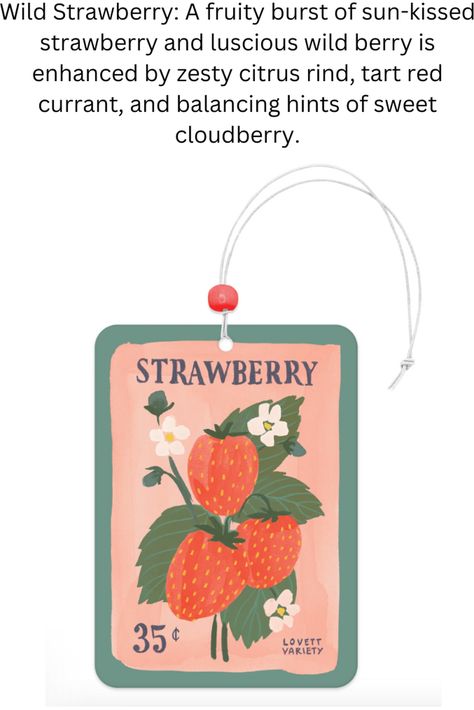 Two car air fresheners per package | Package: 4"w x 6.75"h | Scent-test sticker on outer package Made in the U.S.A. Cute Car Air Freshener, Strawberry Seeds, Strawberry Seed, Room Smells, Cute Car Accessories, Road Design, Wild Strawberries, Car Air Fresheners, Car Freshener