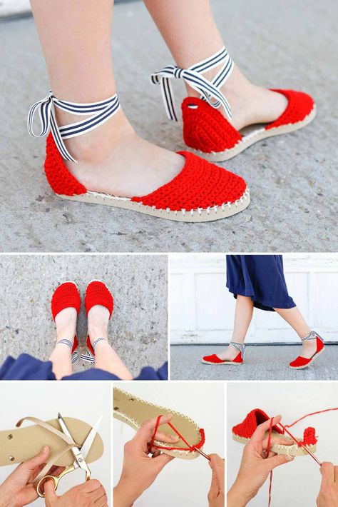 Learn how to make crochet espadrilles with flip flop soles in this free pattern and tutorial. Pair these fun crochet sandals with a dress! Sandal Rajut, Crochet Braid Pattern, Homemade Shoes, Sandal Kulit, Crochet Flip Flops, Robe Diy, Trendy Knitting, Dress Knitting, Crochet Shoes Pattern