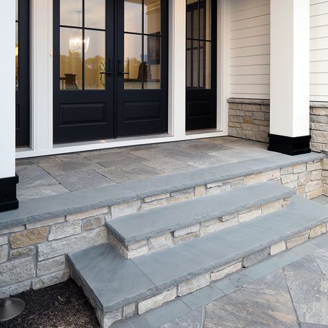 Thermaled Bluestone Treads & Coping Front Porch Steps Ideas Entrance Stone, Blue Stone Front Steps, Outside Steps To House, Blue Stone Front Porch, Bluestone Front Steps, Front Entry Stairs Exterior, Bluestone Front Porch, Bluestone Entryway, Bluestone Walkway To Front Door