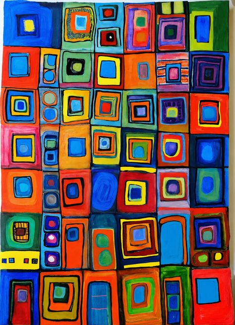 Hundertwasser-Inspired Acrylic Squares: A Masterful Creation  Unleash your creativity with this captivating artwork inspired by the legendary Friedensreich Hundertwasser. Admire the intricate, vibrant squares that dance across the canvas, evoking a sense of wonder and harmony. Acrylic paints blend seamlessly, creating a symphony of colors and textures. #Hundertwasser #SquareArt #Surrealism #AcrylicPainting #ModernArt Friedensreich Hundertwasser, Architectural Masterpieces, Hundertwasser Architecture, Teacher Projects, Hundertwasser Art, Square Art, Square Canvas, School Art, Art Teacher