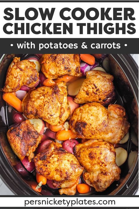 Slow Cooker Chicken Thighs with Potatoes & Carrots is an easy recipe that makes your entire dinner right in the crockpot! Juicy chicken thighs, tender potatoes and carrots, and a flavorful chicken gravy to pour over the top make this a meal the whole family will love. | www.persnicketyplates.com Chicken Thighs Slow Cooker Recipes, Chicken Thighs Potatoes, Crock Pot Chicken Thighs, Crockpot Chicken Thighs, Slow Cooker Chicken Thighs, Potatoes And Carrots, Chicken Thigh Recipes Crockpot, Boneless Chicken Thigh Recipes, Potatoes Carrots