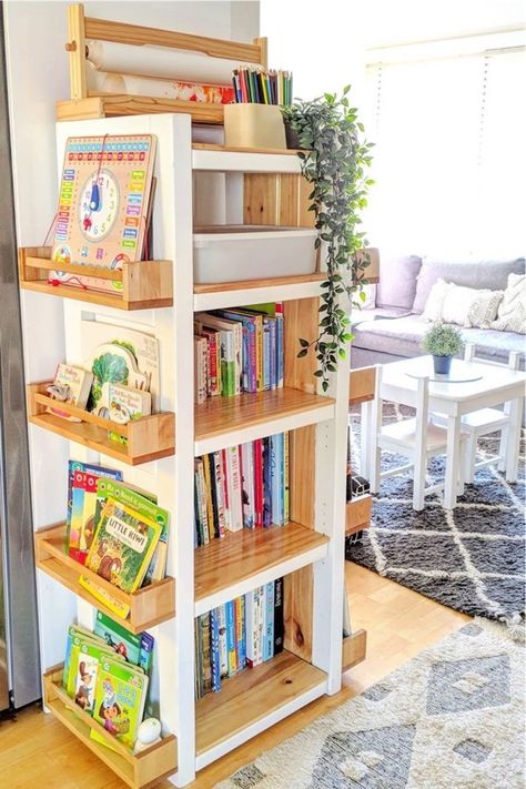 Book Shelf Ideas Kids Easy Diy, Ikea Bookshelf Classroom, How To Build Montessori Bookshelf, Upcycle Cube Storage Playroom, Childs Bookshelf Ideas, Book Storage Playroom, Diy Forward Facing Bookshelf, Boys Bedroom Bookshelf Ideas, Bookshelf Wood Design