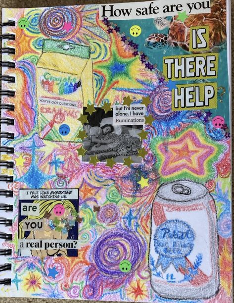 A page of a sketchbook journal showing drawings in crayon, with magazine and sticker collage over top. Drawings include a box of crayons, a can of PBR, and abstract drawings of stars, suns, and comets in neon rainbow colors. There are images and text collaged from magazines, star and smiley face stickers over top, and star and butterfly shaped glitter confetti. Text discusses themes surrounding psychosis (sorry alt box is not long enough to include all the text, message me for more info). Multi Media Journal, Mixed Media Sketchbook Pages, Random Sketchbook Ideas, Sketchbook Pages Messy, Visual Journal Ideas Inspiration, Multi Media Collage, Drawing Collage Doodles, Collage Project Ideas, Sketchbook Collage Ideas