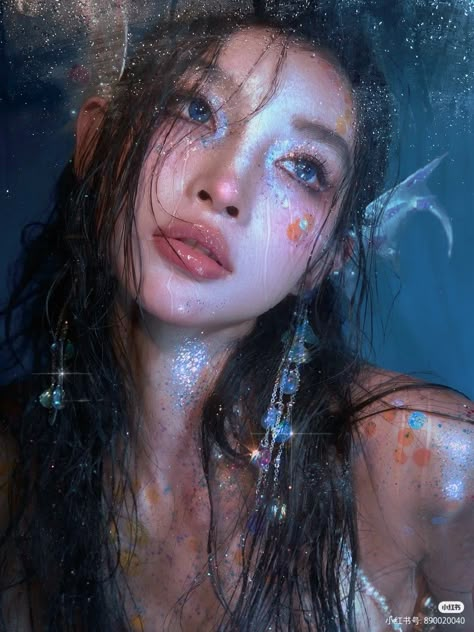 Blue Photography Portrait, Siren Album Cover, Kpop Ethereal, In Water Poses, Siren Concept Art, Aquarius Photoshoot Inspiration, Water Makeup Looks, Mermaid Aesthetic Sirens, Siren Photoshoot