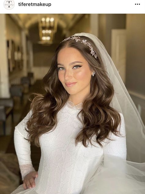 Bridal Hair Down With Headpiece And Veil, Straight Wedding Hair With Veil, Bride Hairstyles Headband, Wedding Hair Down With Crown, Bride Headband And Veil, Bridal Hairstyle With Headband, Wedding Hairstyles With Veil And Tiara, Bride Straight Hair, Cathedral Veil With Hair Down