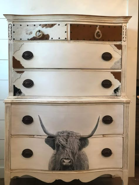 Cowhide Dresser Diy, Aztec Furniture Makeover, Western Style Painted Furniture, Diy Western Dresser Makeover, Western Furniture Dressers, Western Dresser Makeover, Cow Print Dresser, Western Dresser Ideas, Western Dresser Diy