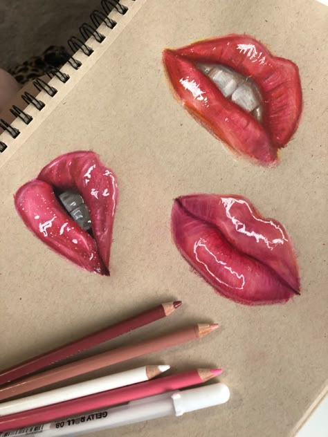 How To Highlight Lips Drawing, Perfect Lips Drawing, Lips Color Pencil Drawing, 3d Color Pencil Drawing, Lips Colored Pencil Drawing, Coloured Pens Drawing, Detailed Drawings Colored Pencil, Lip Pencil Drawing, Realistic Lips Drawing Color