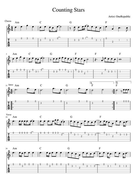 Counting stars - free easy guitar melody lesson and tabs for beginner Songs For Guitar Easy, Classic Rock Guitar Tab, Guitar Melody Tab, Guitar Plucking Songs, Guitar Tabs Songs Easy, Easy Fingerstyle Guitar Tab, Beginner Guitar Tabs Songs, Song Tabs Guitar, Easy Tabs For Guitar