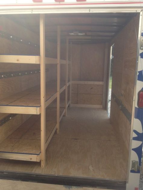 shelf one side and front, door on right Enclosed Trailer Cabinets, Enclosed Utility Trailers, Trailer Shelving, Rv Bunk Beds, Hunting Trailer, Enclosed Trailer Camper, Van Shelving, Building Shelves, Trailer Organization